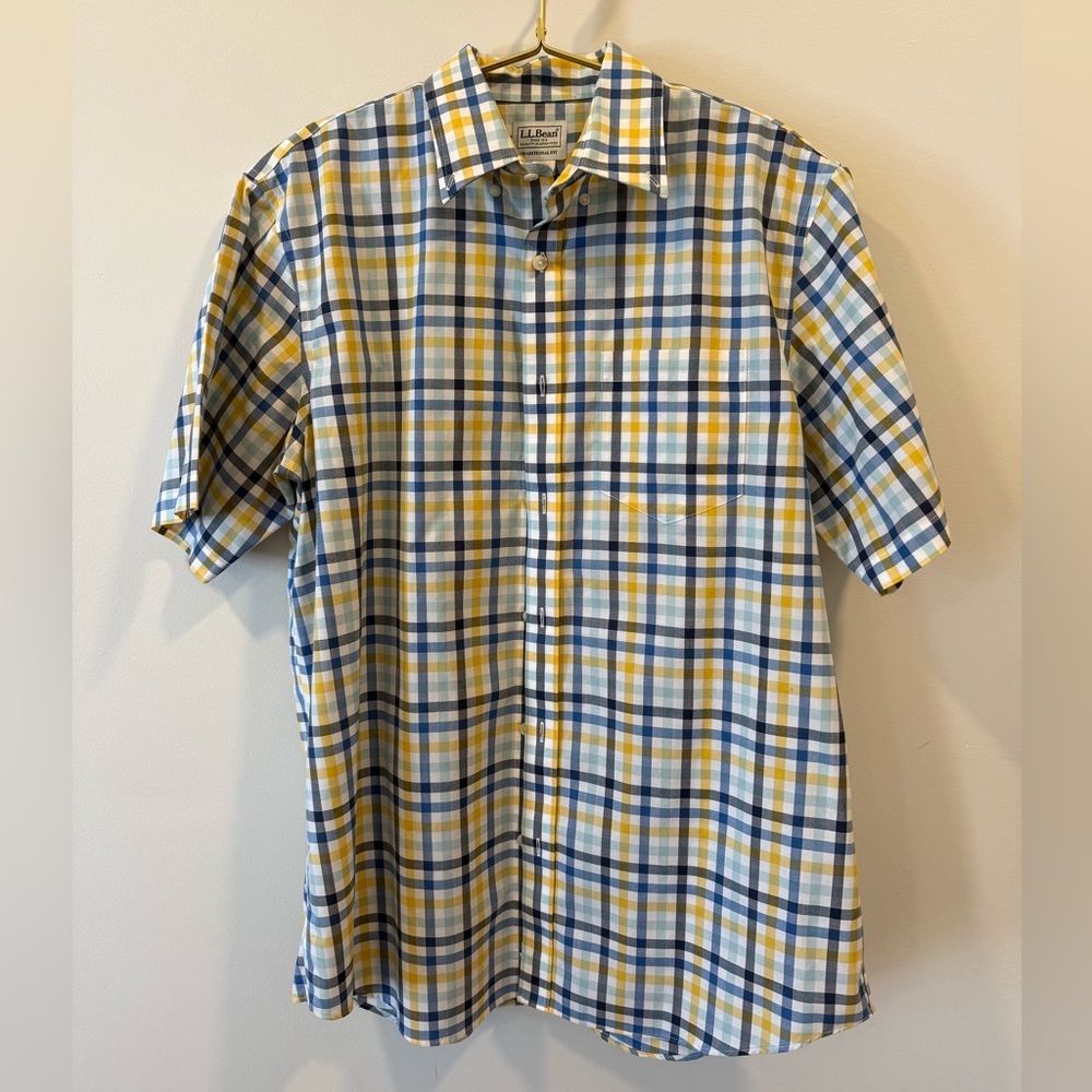 L.L. Bean Men's Grandpa core  Blue and Yellow Checkered Buttonup Classic Shirt